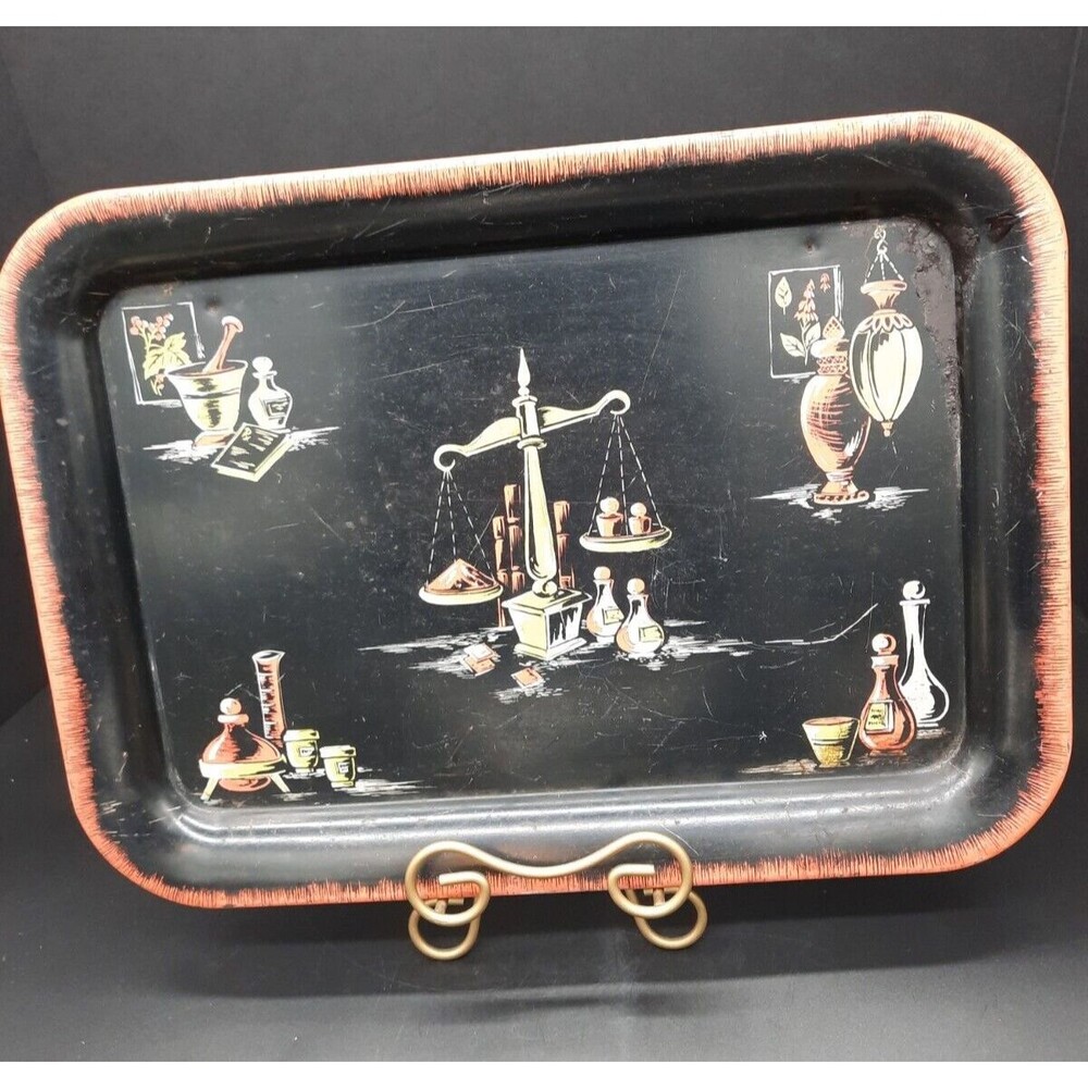 Vintage MCM Metal TV Serving Tray Apothecary Pharmaceutical Design